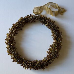 Pottery Barn BEADED WREATH Country Holiday Christmas Gold Ribbon Hanger VTG